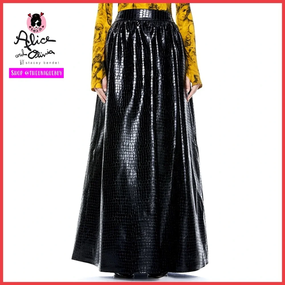 Alice + Olivia Tina Vegan Leather Gorgeous Black Ball Gown Maxi Skirt